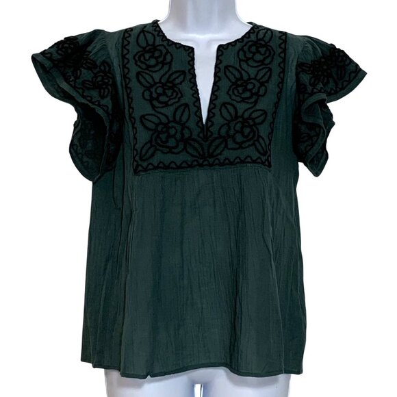 NWT $59 Gap Womens Green Flutter-Sleeve Top Ivory Embroidered Floral Design SZ S - Picture 1 of 5